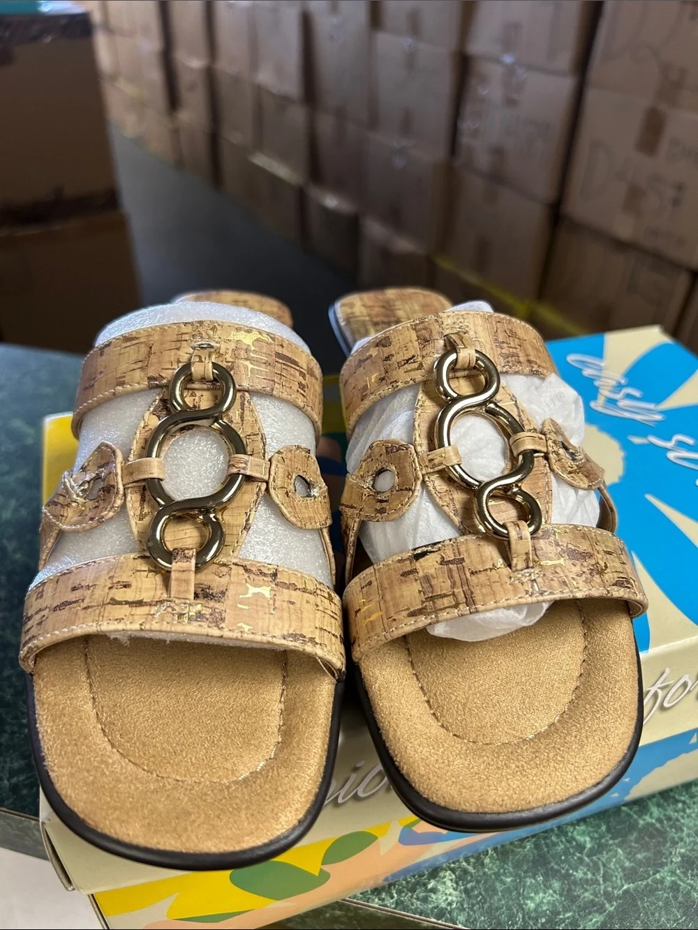 easy street Tan Cork Slide Sandals with Gold Chain Accent (Narrow)